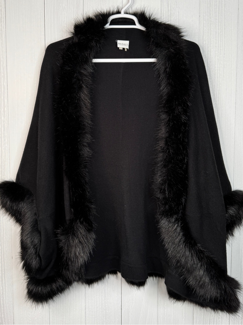 Sioni Black Wool Blend Faux Fur Trim Open-Front Cape Poncho Ruana L/XL